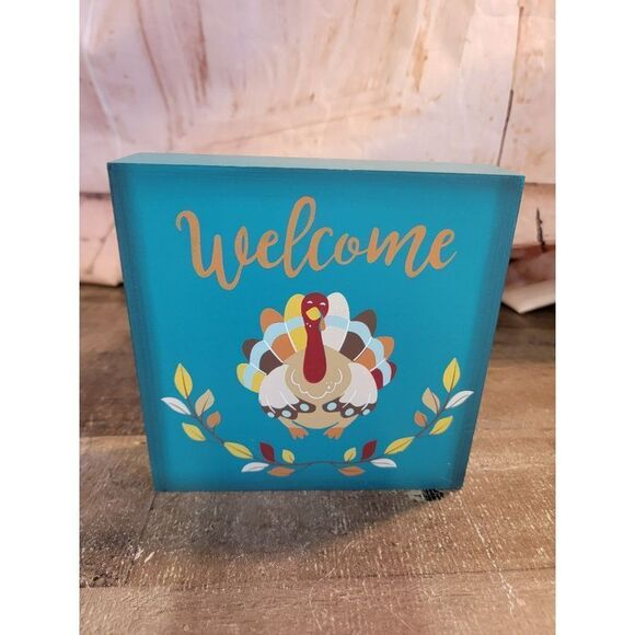 Wooden welcome turkey blue Decor figure Thanksgiving - Picture 1 of 4